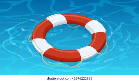 Cartoon rescue lifebuoy on blue water. Marine safety equipment, red and white lifebuoy in ocean cartoon vector illustration