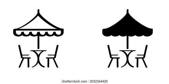 Restaurante de dibujos animados, comedor, mesa con sillas. Icono de la terraza del café Mesa bajo el paraguas. Pictograma de la silla de la Chaise. Icono o signo de vector plano. Símbolo de vacaciones, vacaciones y turismo, verano