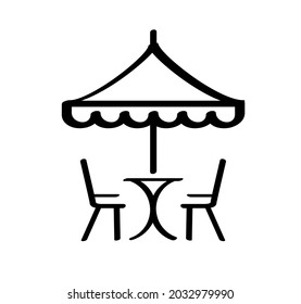 Cartoon restaurant, dining, table with chairs. Cafe terrace icon Table under umbrella. Chaise chair pictogram. Flat vector icon or sign. Holiday, vacation and tourism, summer time symbol