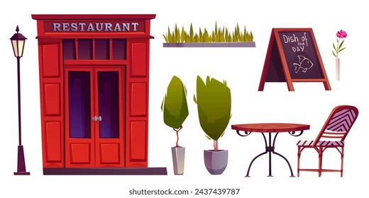 Cartoon restaurant exterior elements set. Cafe outside furniture - glass and wood red door, table and chair, chalkboard and streetlight lamp, decorative plants and flower for relax and eating on patio