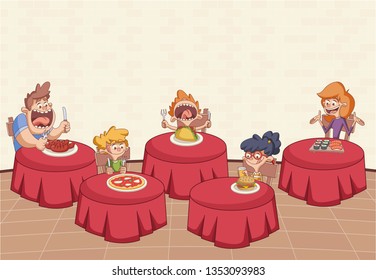 Cartoon restaurant with hungry clients on tables. 