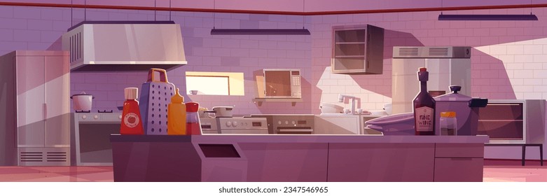 Cartoon restaurant kitchen interior table view. Commercial food industry illustration with professional equipment for dining preparation and catering. Empty cooking room with fridge, counter and wine