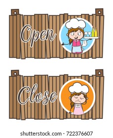 Cartoon Restaurant Open and Close Tag Banner Vector Illustration