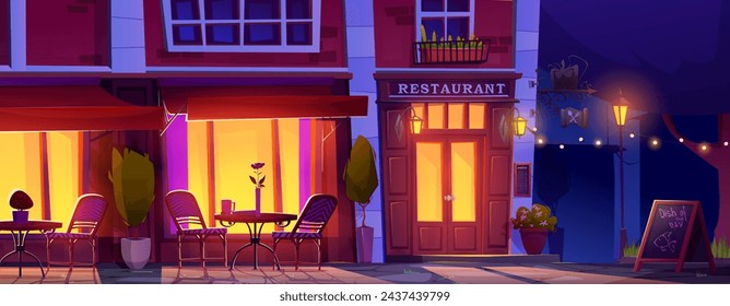 Restaurante de caricaturas fuera de la zona de comedor por la noche. Paisaje urbano oscuro de café exterior con mesas y sillas, plantas decorativas en macetas cerca de grandes ventanas iluminadoras y puerta roja. Terraza en la acera