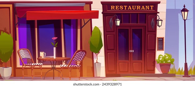 Cartoon restaurant outside eating area with coffee cup on table, chairs and decorative plants in pots near large windows and wooden door of cafe exterior. Terrace on sidewalk near building in city.