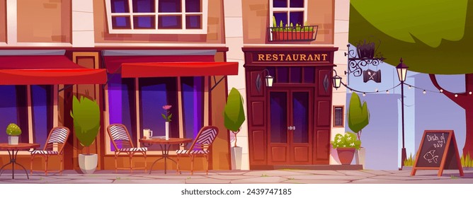 Cartoon restaurant outside eating area with coffee cup on table, chairs and decorative plants in pots near large windows and red door of cafe exterior. Terrace on sidewalk near building in city.