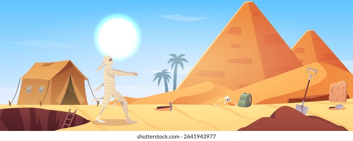 Cartoon resurrected mummy on desert landscape. Sand dunes, tent and archeology digging equipment. Vector flat illustration Archeology excavation in wild African or Egypt nature