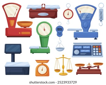 Cartoon retail scales. Isolated store scale for weighing food and goods. Mechanical and electric weighed system. Retail equipment nowaday vector set