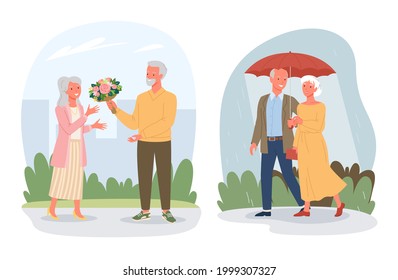 Cartoon retired pensioner lover characters sitting together on sea beach, walking in rain isolated on white. Dating of happy elderly loving couple people, Valentines day vector illustration set.