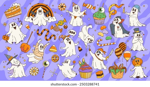 Cartoon retro 70s 80s groovy Halloween ghost characters and holiday scary sweets. Vector cute ghost personages wearing trick or treat monster costumes with Halloween pumpkins, witch hats and balloons