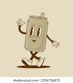 Cartoon retro 70s soda metal can cartoon character. Vintage funny mascot bottle beverage vector illustration. 