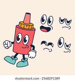 Cartoon retro 80s ketchup sauce character with expression face, vector comic fast food. Groovy funky ketchup sauce plastic bottle walk