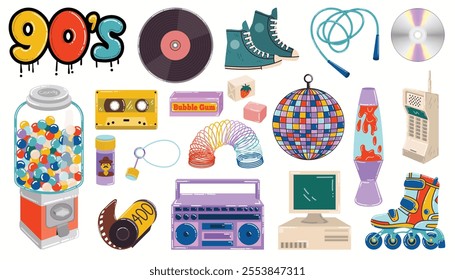 Cartoon retro 90s vibe collection of toys, candies and gadgets. 90s graffiti and boombox, bubble gum machine and retro personal computer. Set of y2k elements in flat style.