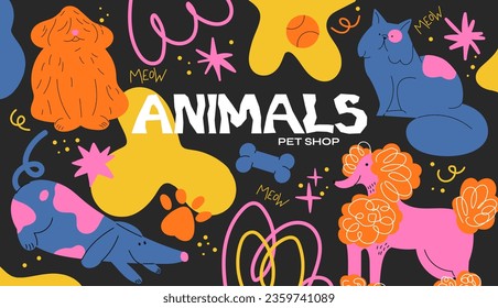 Cartoon retro animal pattern in 90s style. Cats and dogs pets pet store. Vector groovy poster