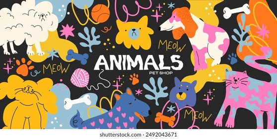 Cartoon retro animal pattern in 90s style. Cats and dogs pets pet store. Vector groovy poster