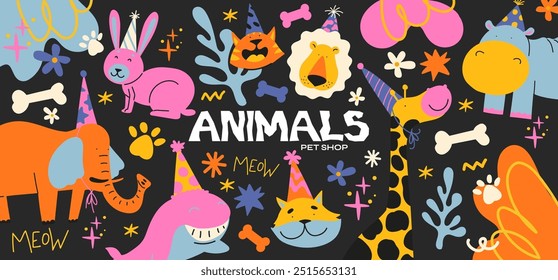 Cartoon retro animal pattern in 90s style. Cats and dogs pets pet store. Vector groovy poster