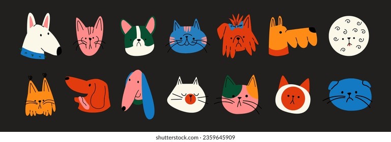 Cartoon retro animal pets heads. Dogs and cats in doodle groovy style. Set of icon avatars
