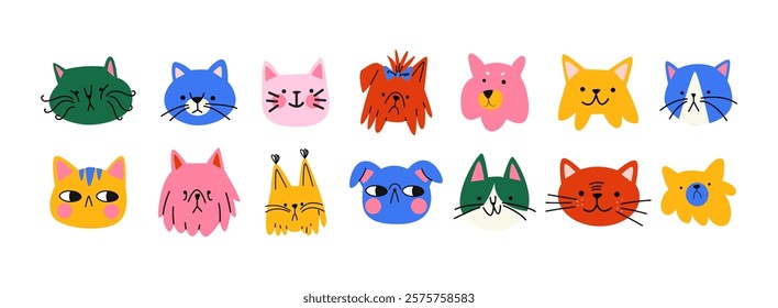 Cartoon retro animal pets heads. Dogs and cats in doodle groovy style. Bright set of icon zoo avatars	
