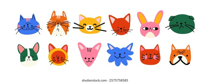 Cartoon retro animal pets heads. Dogs and cats in doodle groovy style. Bright set of icon zoo avatars	
