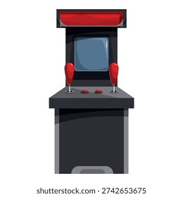Cartoon retro arcade game machine with red joysticks and buttons is waiting for players