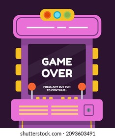 Cartoon retro arcade machine with game over screen. Old gamer 80s console with buttons and joystick. Vector poster with flat arcade monitor. Illustration of video console with joystick