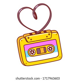 Cartoon retro audio cassette with tape in heart shape. 80s love songs mixtape. Bright comic style clip art illustration.
