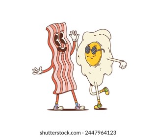 Cartoon retro bacon and egg groovy characters. Cute and funny vector food personages giving high five and rejoice together. Isolated breakfast ingredients friendship, kawaii funky friends rejoice