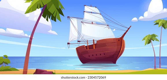 Cartoon retro boat with white sails, summer coast of exotic island. Vector illustration of old wooden vessel floating in harbor, sandy tropical beach under green palm trees, blue sky. Vacation voyage