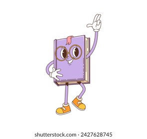 Cartoon retro book groovy character. Isolated vector textbook personage in 60s or 70s funky party style, donning glasses, cheerfully dancing and flashing wide welcoming smile. Back to school education