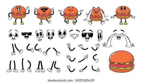 Cartoon Retro Burger Fast Food Character Construction Kit. Set of Street Meal Hamburger Personage Facial Expression