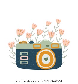 Cartoon Retro Camera Icon For Instagram Stories, T-shirt Print, Stickers, Cards, Posters. Colorful Photo Camera With Pink Flowers And Leaves. Hand Drawn Vector Illustration On A White Background