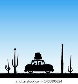 Cartoon retro car between cactuses on road. Vector illustration with silhouettes of woman and dog traveling in camper. Family road trip. Landscape with cacti in desert. Blue pastel background

