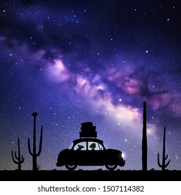 Cartoon retro car between cactuses on road at night. Vector illustration with silhouettes of woman and dog traveling in camper. Family road trip. Space dark background with starry sky and Milky Way