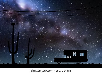 Cartoon retro car between cactuses on desert road at night. Vector illustration with silhouettes of woman traveling in camper. Landscape with cacti. Space dark background with starry sky and Milky Way