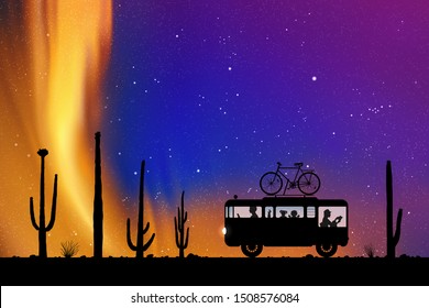 Cartoon retro car between cactuses on road at night. Vector illustration with silhouettes of parents with children traveling in camper. Family road trip. Northern lights in starry sky. Colorful aurora