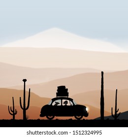 Cartoon retro car between cactuses on road in autumn. Vector illustration with silhouettes of woman and dog traveling in camper. Family road trip. Background with mountain foggy landscape