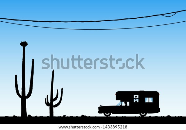 Cartoon retro car between cactuses\
on desert road. Vector illustration with silhouettes of woman\
traveling in camper. Landscape with cacti. Blue pastel\
background