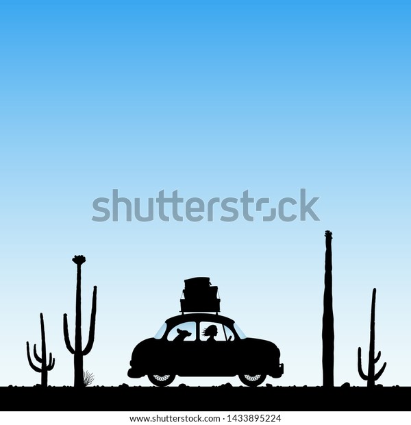 Cartoon retro car between cactuses on road.\
Vector illustration with silhouettes of woman and dog traveling in\
camper. Family road trip. Landscape with cacti in desert. Blue\
pastel background\
