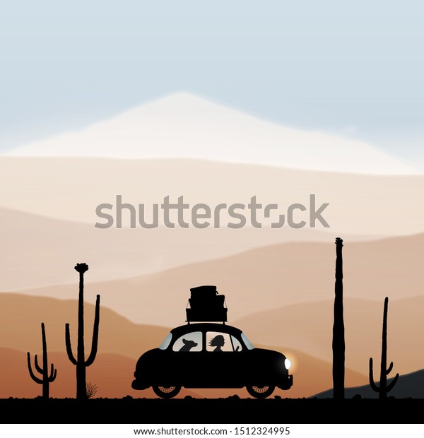 Cartoon\
retro car between cactuses on road in autumn. Vector illustration\
with silhouettes of woman and dog traveling in camper. Family road\
trip. Background with mountain foggy\
landscape