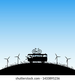 Cartoon retro car between windmills. Vector illustration with silhouettes of parents with children traveling in camper. Family road trip. Blue pastel background
