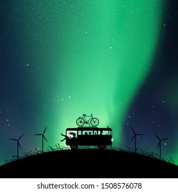 Cartoon retro car between windmills at night. Vector illustration with silhouettes of parents with children traveling in camper. Family road trip. Northern lights in starry sky. Colorful aurora boreal