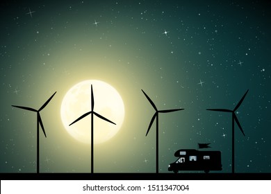 Cartoon retro car between windmills on road on moonlit night. Vector illustration with silhouette of man traveling in camper. Solo road trip. Full moon in starry sky