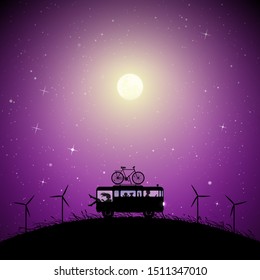 Cartoon retro car between windmills on moonlit night. Vector illustration with silhouettes of parents with children traveling in camper. Family road trip. Full moon in starry sky