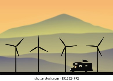 Cartoon retro car between windmills on road at morning. Vector illustration with silhouette of man traveling in camper. Solo road trip. Background with mountain foggy landscape