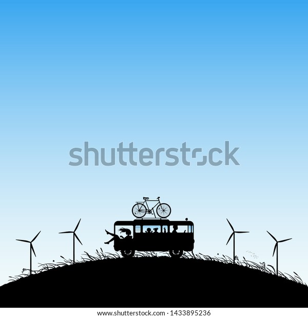 Cartoon retro car between\
windmills. Vector illustration with silhouettes of parents with\
children traveling in camper. Family road trip. Blue pastel\
background