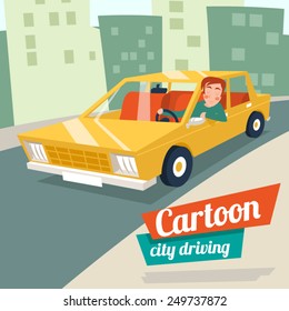Cartoon retro car city driving street backgorund vector illustration