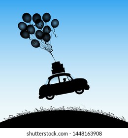 Cartoon retro car flies on balloons. Funny vector illustration with silhouette of boy in flying car. Flight in dream. Blue pastel background