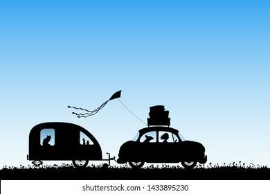 Cartoon Retro Car On Country Road. Vector Illustration With Silhouettes Of Woman And Dog Traveling With Camper Trailer. Family Road Trip. Blue Pastel Background