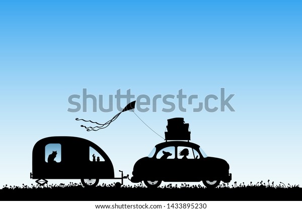Cartoon retro car on country road.\
Vector illustration with silhouettes of woman and dog traveling\
with camper trailer. Family road trip. Blue pastel\
background