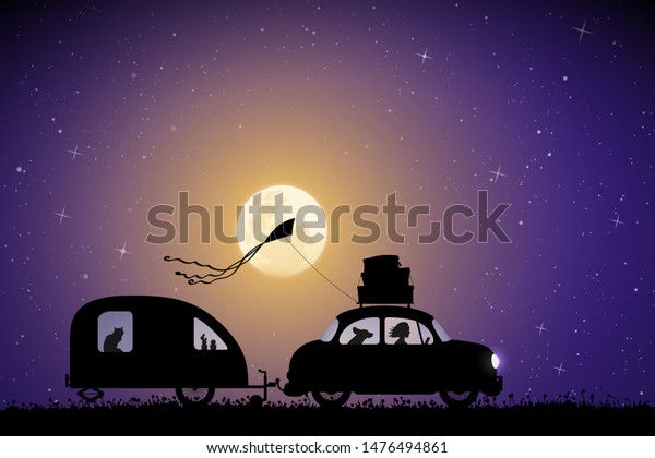 Cartoon retro\
car on country road on moonlit night. Vector illustration with\
silhouettes of woman and dog traveling with camper trailer. Family\
road trip. Full moon in starry\
sky